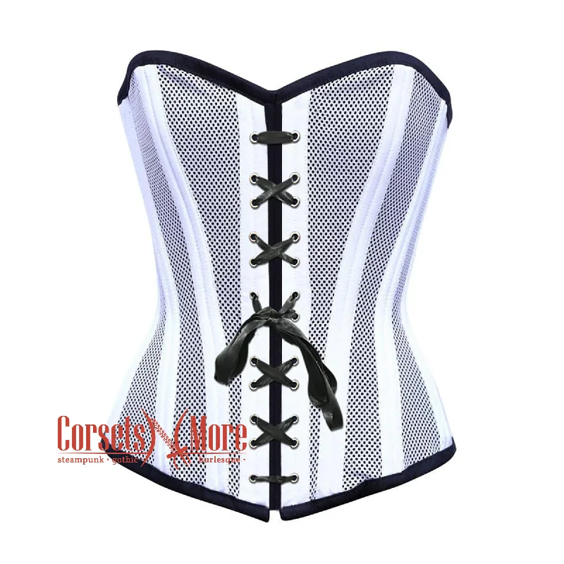 Shop the Weekend Away Shop the Weekend Away White Satin With Mesh Front Lace Double Bone Burlesque Gothic Overbust Corset Bustier Top