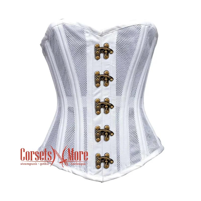 Weekend Bargains Just for You Weekend Bargains Just for You White Satin With Mesh Front Seal Lock Double Bone Burlesque Gothic Overbust Corset Bustier Top