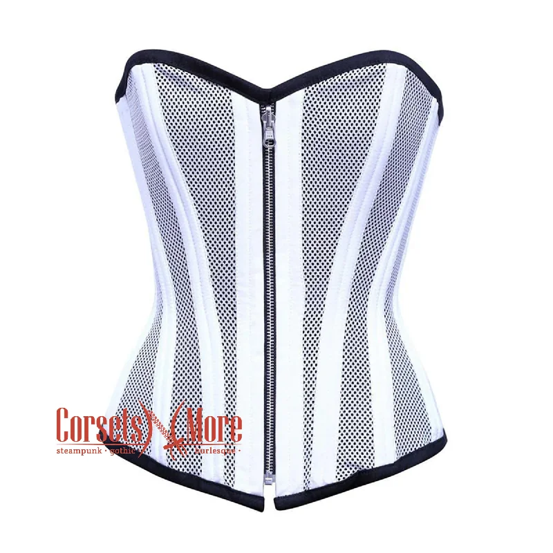 Unmissable Offer Unmissable Offer White Satin With Mesh Front Zipper Burlesque Gothic Overbust Corset Bustier Top