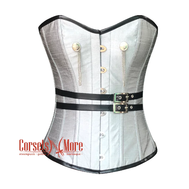 Lowest Price Lowest Price White Silver Silk Corset With Leather Belt Steampunk Overbust Waist Training Gothic Costume Lowest Price Lowest Price White Silver Silk Corset With Leather Belt Steampunk Overbust Waist Training Gothic Costume