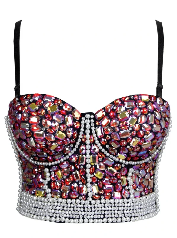 Hurry In Hurry In Women's Colorful Rhinestone Beaded Push Up Clubwear Bustier Crop Top Bra Hurry In Hurry In Women's Colorful Rhinestone Beaded Push Up Clubwear Bustier Crop Top Bra