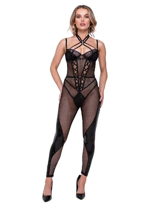 Low Cost Low Cost Black Faux Leather Catsuit with Satin Trim Lingerie