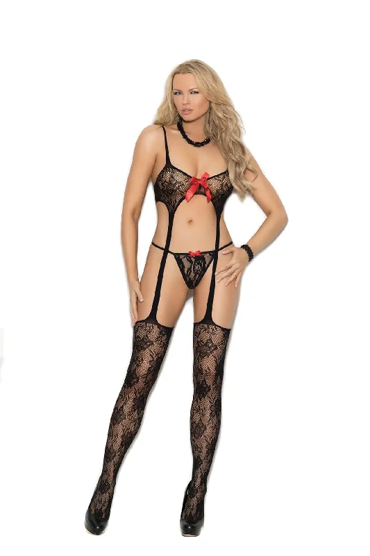 Pay Less Pay Less Black Lace Suspender Bodystocking & G-String Panty