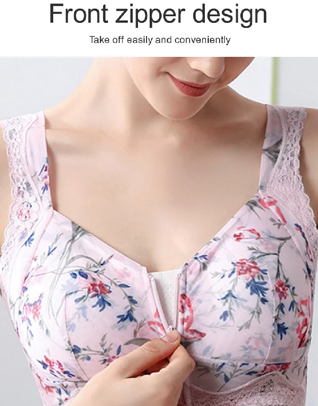 Weekend Savings Extravaganza Weekend Savings Extravaganza FLORAL PRINT FRONT ZIPPER POST SURGICAL BRA WITH POCKETS-Baby Pink