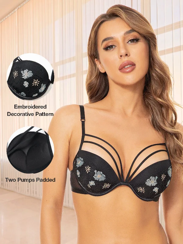 Savings Event Savings Event Floral Lace Embroidery Push Up Bra Black