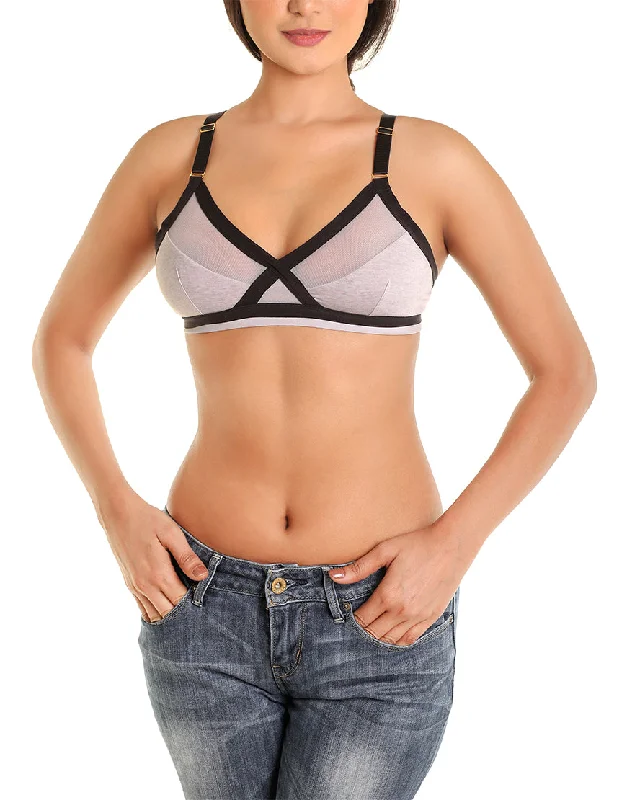 Weekend Offers That Delight Weekend Offers That Delight MESH AND STRETCH COTTON CROSSOVER BRALETTE-GREY Weekend Offers That Delight Weekend Offers That Delight MESH AND STRETCH COTTON CROSSOVER BRALETTE-GREY