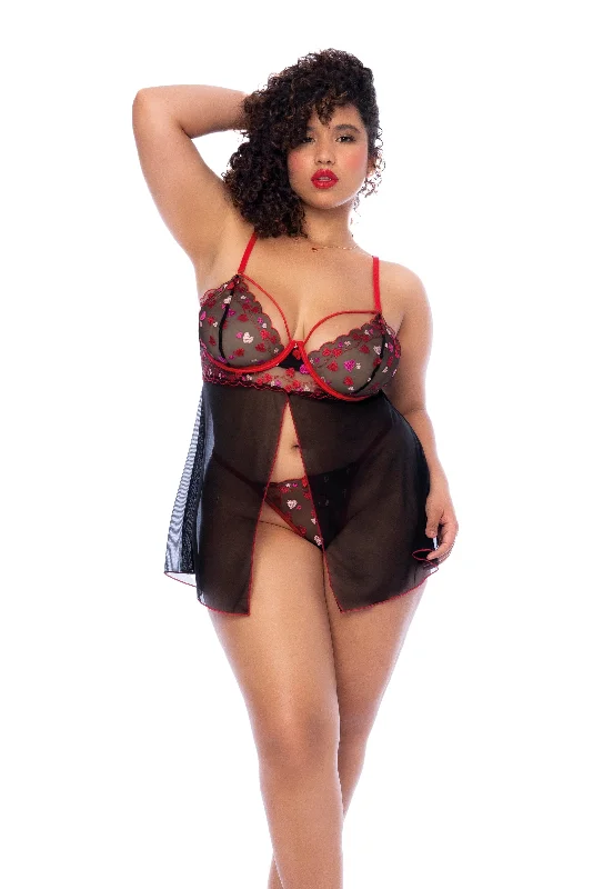 Epic Value Epic Value Plus Size Black & Red Embroidered Heart Mesh Silhouette Babydoll & Thong Panty Lingerie Epic Value Epic Value Plus Size Black & Red Embroidered Heart Mesh Silhouette Babydoll & Thong Panty Lingerie