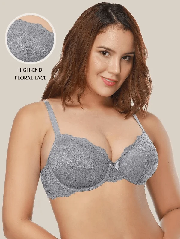 Flash Deals Flash Deals Push Up Lace Underwire Full Coverage Plus Size Bra Grey