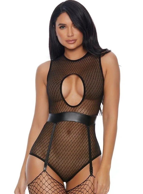 The Best Prices The Best Prices Sexy Black Sheer Keyhole Teddy Lingerie w/ Garter Belt