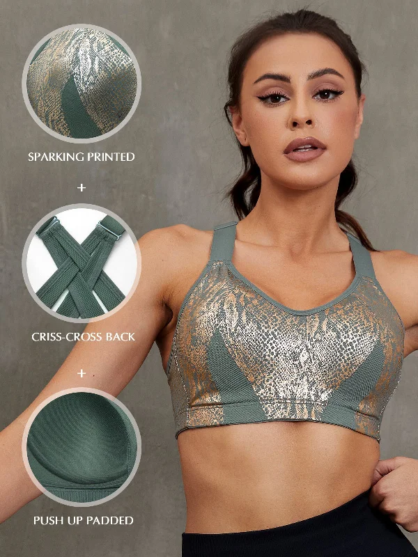 New Deal New Deal High Impact Sparkly Padded Racerback Bras Moss Green